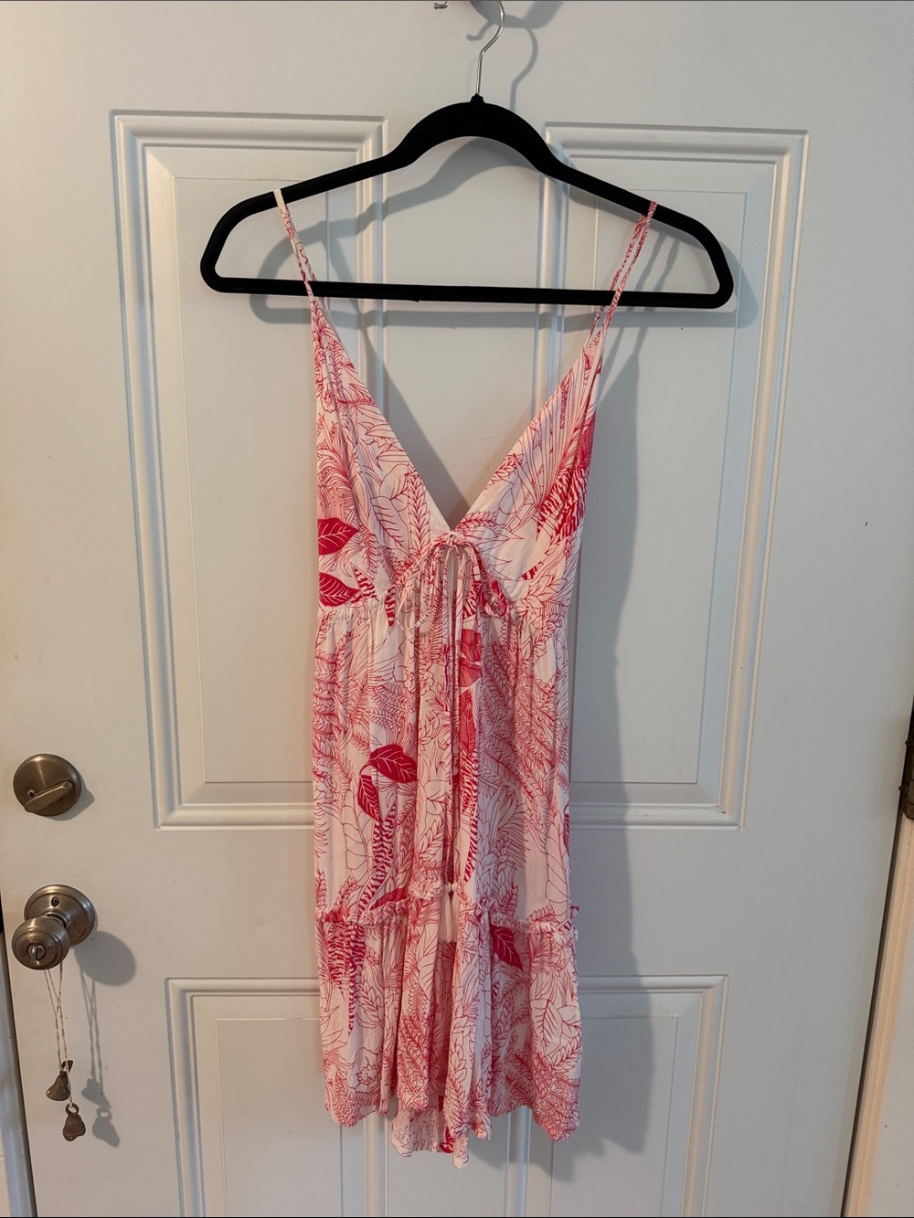 Pink Leaf-Print V-Neck Slip Dress with Tie Front